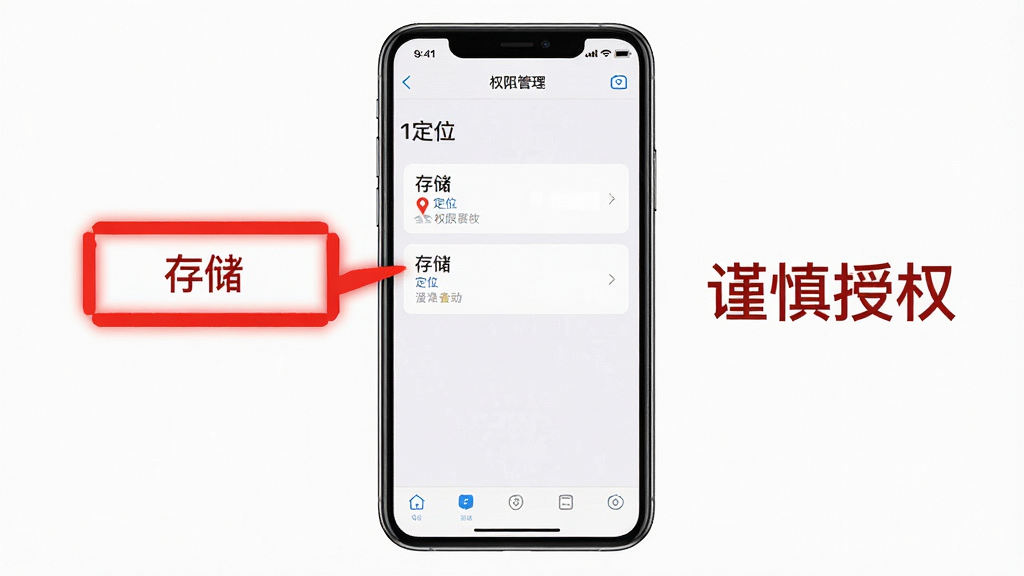 一张关于手机应用权限管理的示意图,画面中有一部手机,屏幕上显示权限管理设置界面,着重标注了“定位”和“存储”两个选项,旁边有“谨慎授权”的文字提示,风格简洁明了,画质干净,无多余元素。