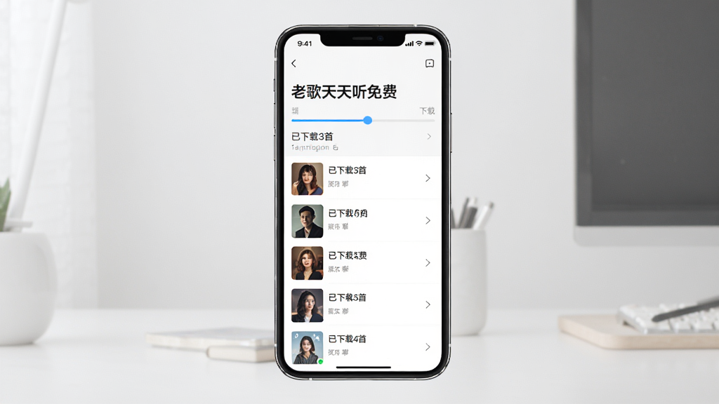 主体:手机屏幕显示“老歌天天听免费”的下载管理页面,有下载进度条和已下载歌曲列表;布局:手机居中,进度条在上方,列表在下方;排版:清晰;风格:简洁现代;细节:显示“已下载3首”等字样;画质:高清,干净,无多余元素。
