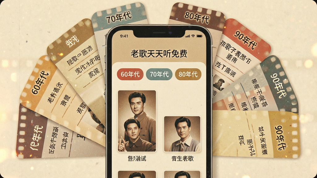 主体:手机屏幕展示“老歌天天听免费”的歌曲分类界面,有“60年代”、“70年代”、“80年代”、“90年代”等标签;布局:手机居中,分类标签呈扇形排列在周围;排版:清晰有序;风格:复古怀旧,胶片质感;细节:每个标签下有几首代表性歌曲名;画质:清晰,干净,无多余元素。