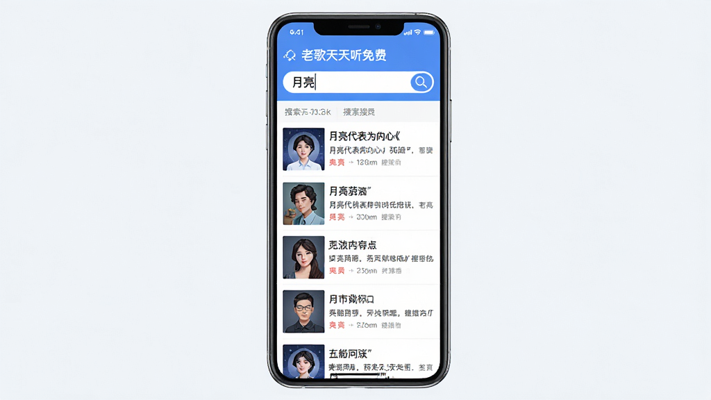 主体:手机屏幕显示“老歌天天听免费”的搜索页面,搜索框内输入“月亮”,下方展示搜索结果列表;布局:手机居中,搜索框在上方,结果列表占满屏幕;排版:简洁明了;风格:现代扁平,蓝白配色;细节:搜索结果有《月亮代表我的心》等歌曲;画质:高清,干净,无多余元素。
