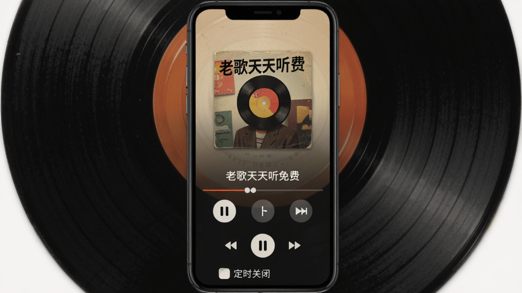 主体:手机屏幕显示“老歌天天听免费”的播放器界面,有播放/暂停、上一首、下一首按钮,下方有定时关闭选项;布局:手机居中,播放控件在屏幕下半部分;排版:简洁;风格:复古黑胶唱片风格;细节:界面中央显示专辑封面;画质:清晰,干净,无多余元素。