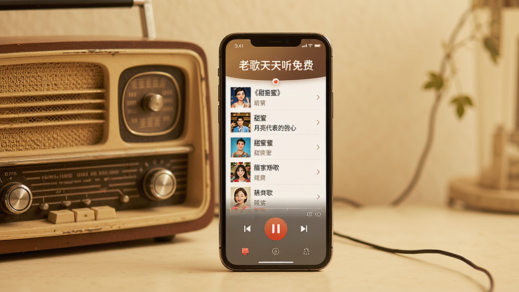 主体:一部老式收音机旁边放着一部智能手机,手机屏幕显示“老歌天天听免费”的播放界面,界面有歌曲列表和播放按钮;布局:手机在画面中央,老式收音机在左侧点缀;排版:简洁直观,突出手机屏幕;风格:怀旧复古与现代科技结合,暖色调;细节:歌曲列表显示《甜蜜蜜》《月亮代表我的心》等经典歌名;画质:高清,干净,无多余元素。