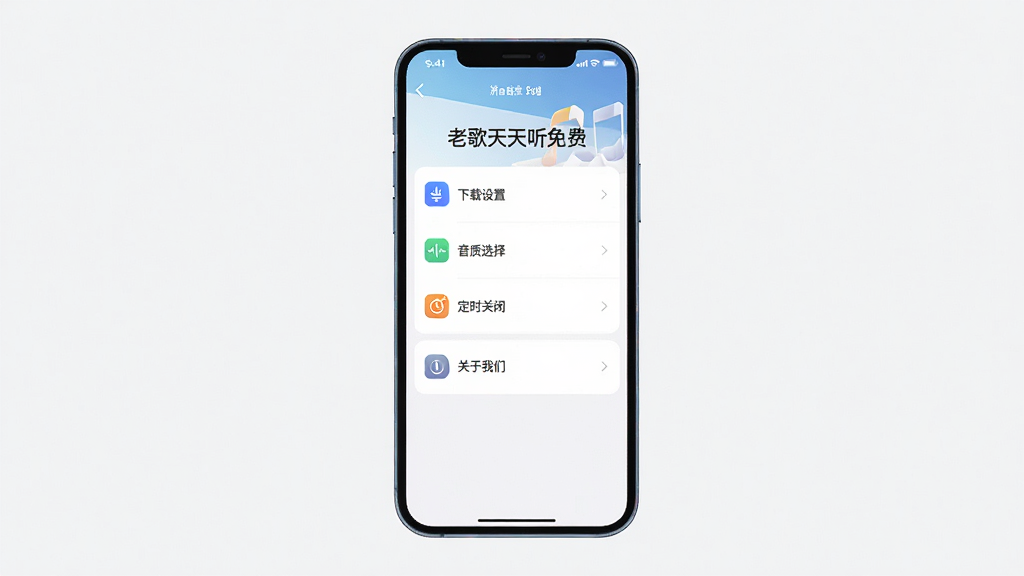 主体:手机屏幕显示“老歌天天听免费”的设置页面,有“下载设置”、“音质选择”、“定时关闭”、“关于我们”等选项;布局:手机居中,设置项列表排列;排版:清晰;风格:简洁现代;细节:每个设置项都有图标;画质:高清,干净,无多余元素。