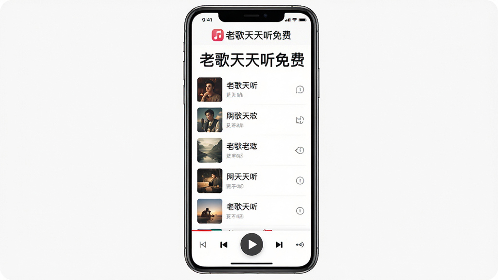 主体:手机屏幕显示“老歌天天听免费”的主界面,顶部是“老歌天天听免费”的Logo,中间是歌曲列表,底部是播放栏;布局:手机居中,界面简洁;排版:大图标大字体;风格:简约干净,无广告;细节:歌曲列表字体清晰,播放按钮醒目;画质:高清,干净,无多余元素。