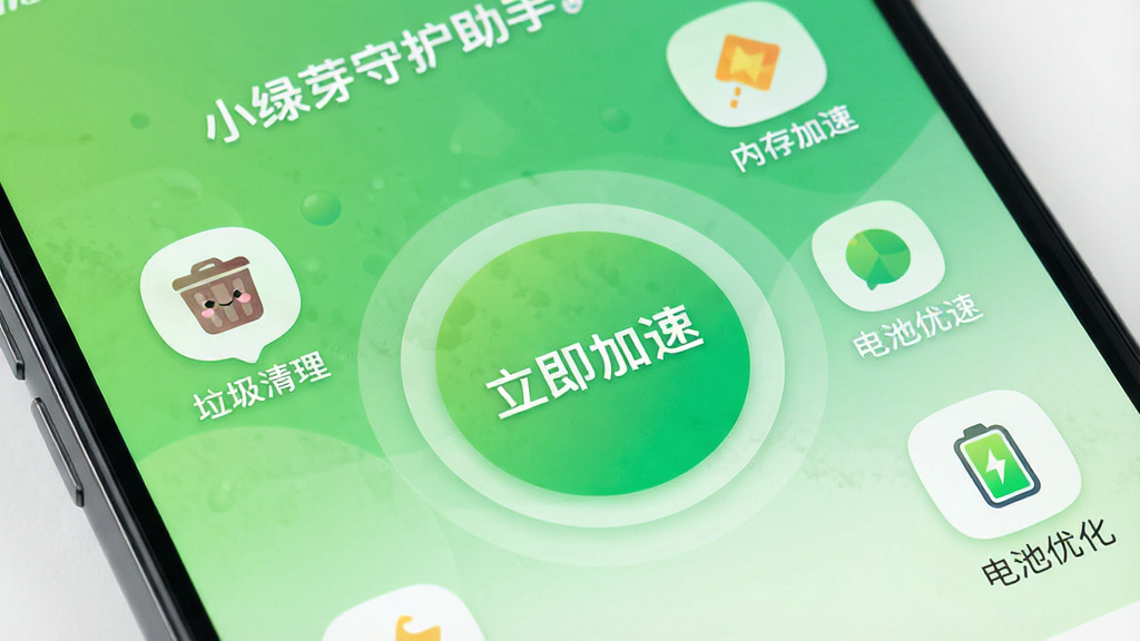一张智能手机屏幕的特写,屏幕中显示“小绿芽守护助手”的主界面,采用清新的绿色渐变背景,中央有一个大大的圆形清理按钮,按钮上写着“立即加速”,周围环绕着几个功能图标,如“垃圾清理”、“内存加速”、“电池优化”,整体界面设计简洁现代,扁平化风格,图标圆润可爱,画质干净无多余元素。