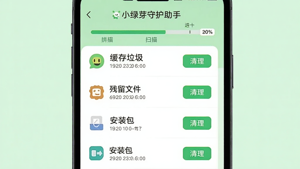 手机屏幕中“小绿芽守护助手”的垃圾扫描结果页面,以列表形式展示缓存垃圾、残留文件、安装包等分类,每一项后面有“清理”按钮,页面顶部有一个进度条显示扫描百分比,背景是浅绿色,界面清爽,扁平化设计,图标简洁,画质干净。
