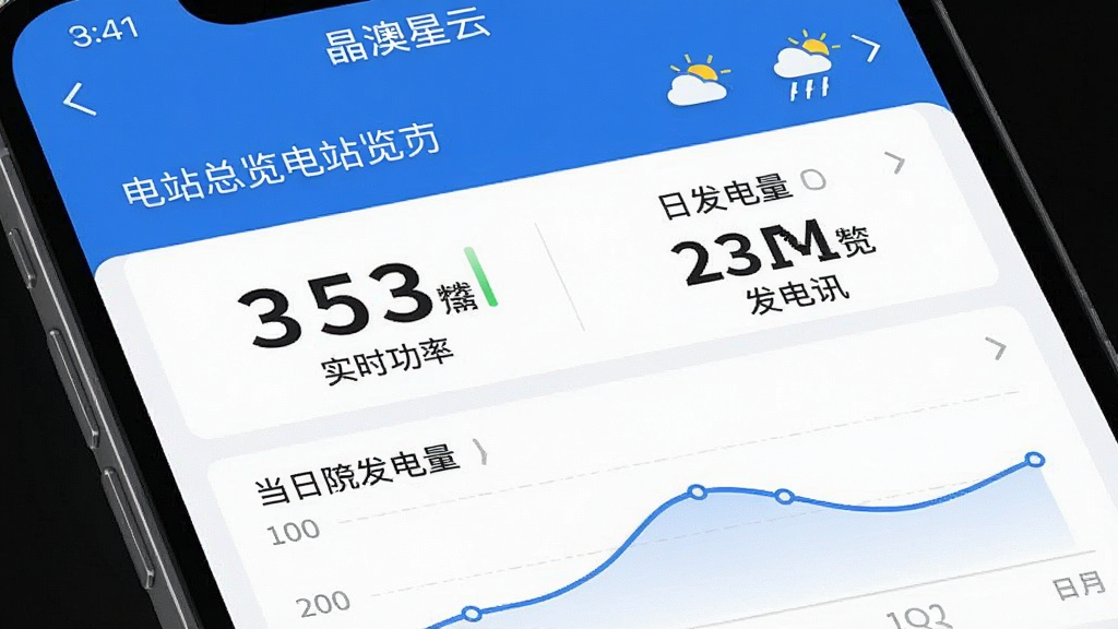 一张手机APP界面截图,展示“晶澳星云”的电站总览页面,顶部是电站名称和天气信息,中部用大号数字显示实时功率和日发电量,底部是当日发电曲线图,界面采用蓝白主色调,风格扁平现代,画质干净无多余元素