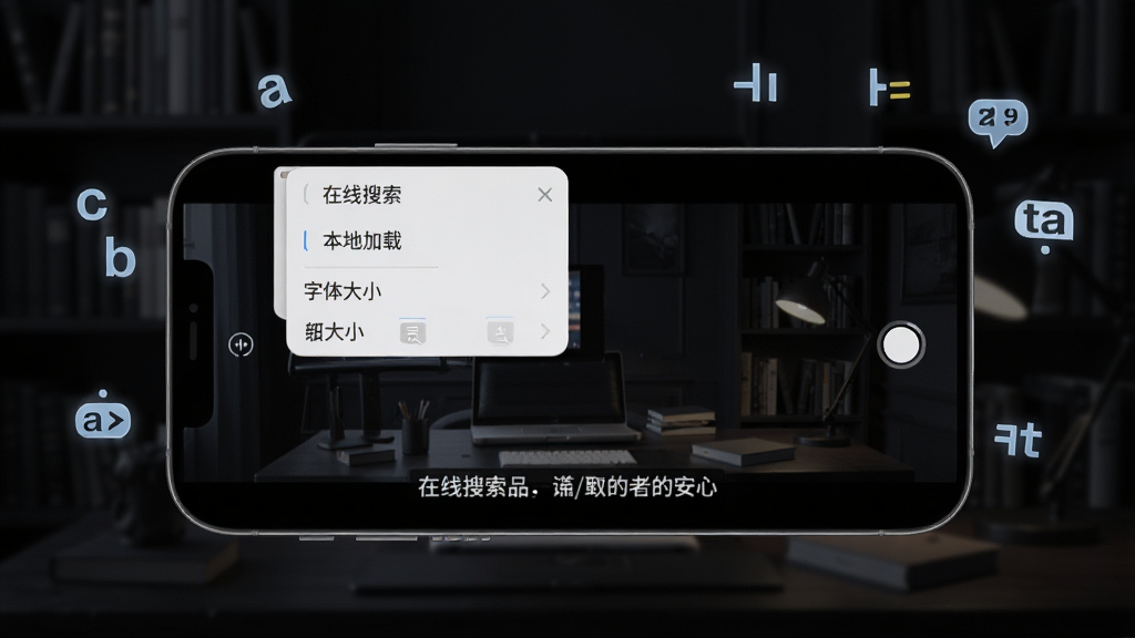 一张手机横屏播放视频的截图,画面底部有字幕显示,屏幕上方有字幕设置菜单,包括“在线搜索”、“本地加载”、“字体大小”等选项,手机周围有飘浮的字母和翻译符号,背景为深色书房环境,整体风格科技感,画面干净,细节清晰,无多余元素。