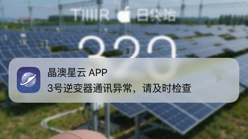 一张手机锁屏界面,显示一条来自“晶澳星云”APP的告警通知横幅,通知内容为“3号逆变器通讯异常,请及时检查”,背景是模糊的光伏电站实景,风格写实,画质干净,突出通知栏信息