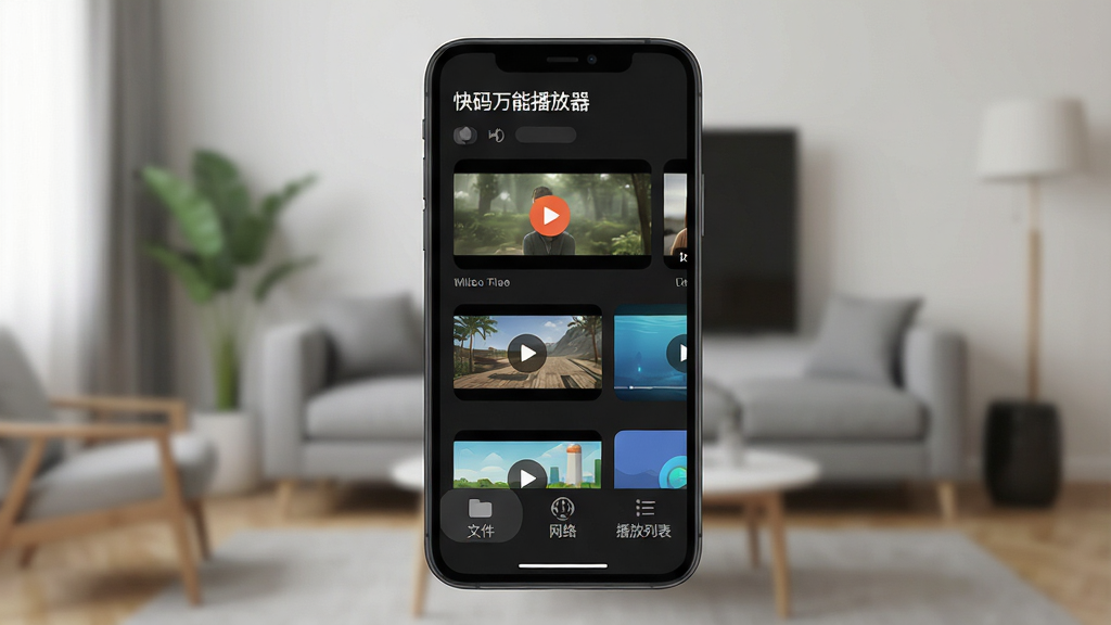 一张展示智能手机屏幕的图片,屏幕上打开着“快码万能播放器”主界面,界面以深色简洁风格为主,底部有“文件”、“网络”、“播放列表”三个选项卡,中间区域清晰显示几个视频文件缩略图,背景是模糊的客厅环境,画面干净,无多余元素,整体风格现代扁平,细节圆润,画质高清。