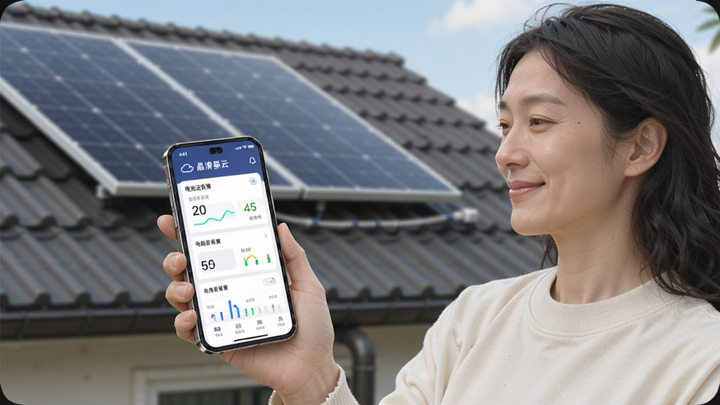 一张用户正在使用手机查看“晶澳星云”APP,手机屏幕显示电站运行正常的数据界面,用户表情轻松,背景是家庭光伏屋顶,风格写实生活化,画面温馨,画质干净