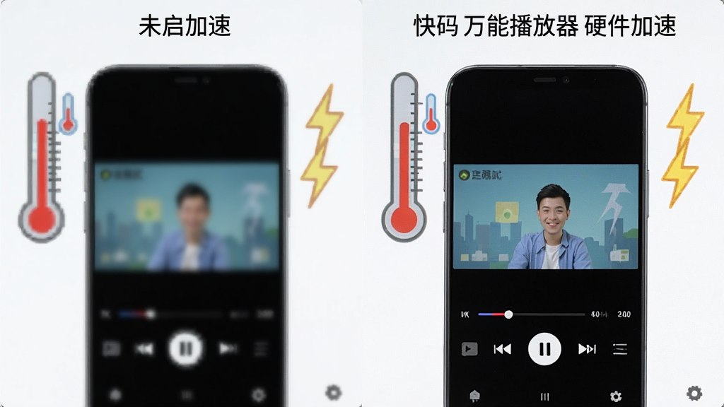 一张手机播放视频的对比图,左边是未开启加速的模糊画面,右边是开启“快码万能播放器”硬件加速后的清晰流畅画面,背景有温度计和闪电图标,整体风格简洁明了,画质干净,无多余元素。
