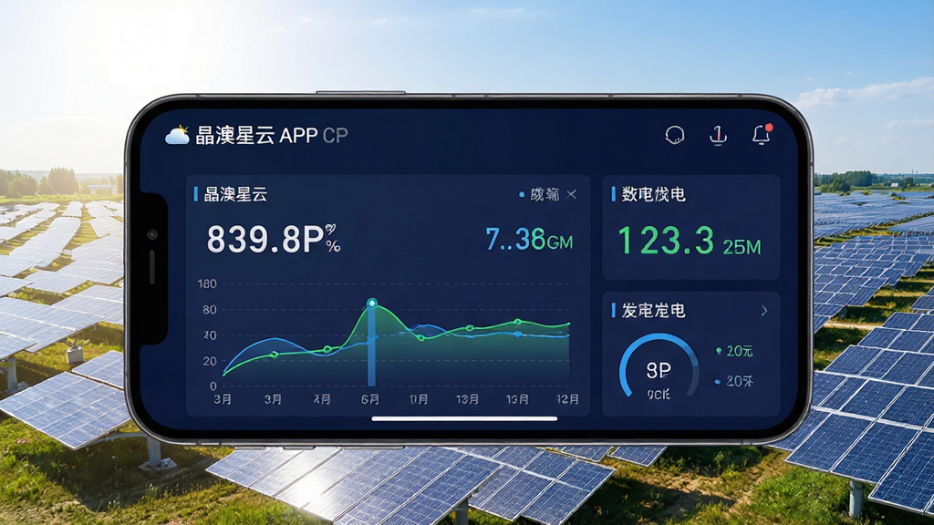 一张展示智能手机横屏界面,屏幕上清晰显示“晶澳星云”APP的实时发电量数据看板,背景是阳光下的光伏电站全景,画面明亮清晰,风格现代科技感,布局以数据图表为中心,画质干净无多余元素