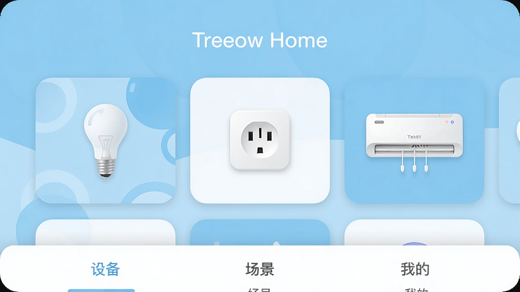 һ��չʾTreeow Home������ĸ����ͼ��������ǳ��ɫ�Ͱ�ɫΪ��ɫ����������ʾ��Treeow Home���������м��Ƕ�������豸��Ƭ���������ܵ��ݡ����ܲ��������ܿյ����ײ��С��豸�����������������ҵġ�����ѡ������岼�ּ�࣬��ƬԲ�󣬷���ִ���ƽ�����ʸɾ��޶���Ԫ�ء�