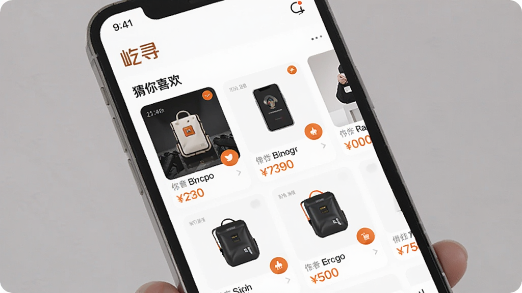 �ֻ���Ļչʾ����Ѱ��APP����ҳ�Ƽ������С�����ϲ����ģ�飬չʾ�����Ʒ��Ƭ��ÿ����Ƭ������Ʒͼ�ͼ۸��ǩ����������԰�ɫΪ������ɫ��׺������ִ����Ű����룬���ʸɾ��޶���Ԫ�أ�ͼƬ�б����С���Ѱ������