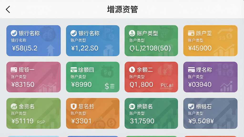一张“增源资管”APP内“账户管理”界面的示意图,界面以列表形式展示多个账户卡片,每张卡片上显示银行名称、账户类型、余额数字,卡片颜色各异,背景为浅灰色,顶部有“增源资管”字样,整体风格扁平化,信息清晰,画质干净,无多余元素。