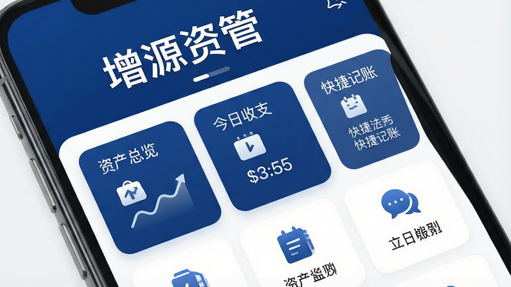 一张展示“增源资管”手机APP主界面的高清截图,界面简洁现代,以深蓝色和白色为主色调,顶部显示“增源资管”四个大字,下方依次排列着“资产总览”、“今日收支”、“快捷记账”等卡片式功能模块,整体布局清爽,图标圆润,画质干净,无多余元素。
