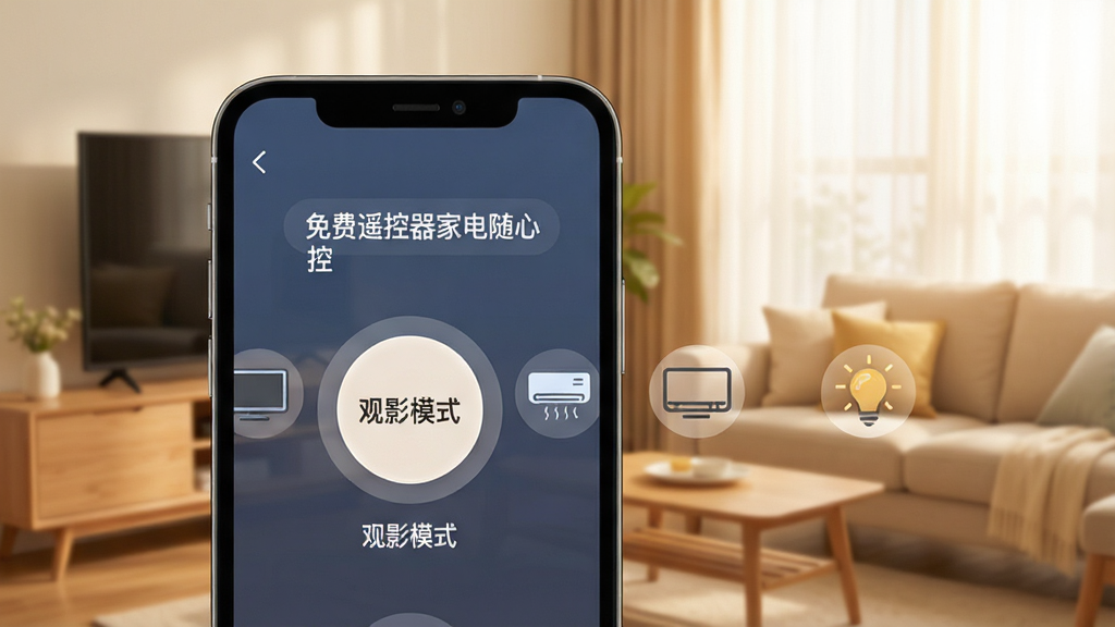 һ��չʾ�����ң�����ҵ����Ŀء�App����ģʽ�Ľ��棬����Ϊ��ܰ�ļҾӻ������ֻ���Ļ����ʾ����Ӱģʽ����Բ�ΰ�ť���Ա��е��ӡ��յ����ƹ�ͼ�꣬�������Լ��ɫ����ͣ�����������ע�����ң�����ҵ����Ŀء������ʸɾ���