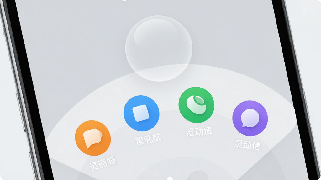 一张手机屏幕的局部放大图,屏幕边缘有一个半透明的圆形悬浮球,悬浮球下方展开一个扇形功能面板,面板上有四个彩色圆形的应用图标,分别是橙色、蓝色、绿色和紫色,每个图标下方有白色小字标注功能名称,背景是简洁的浅灰色纯色壁纸,整体排版清晰,风格扁平化,画质干净无多余元素,体现“灵动常驻”的快捷操作功能。