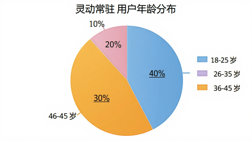 一张饼状图,展示“灵动常驻”用户年龄分布,分为18-25岁、26-35岁、36-45岁、46-60岁四个年龄段,比例分别约为30%、40%、20%、10%,图表配色清新,每个扇区有对应颜色和百分比标签,整体排版清晰,画质干净,无多余元素。