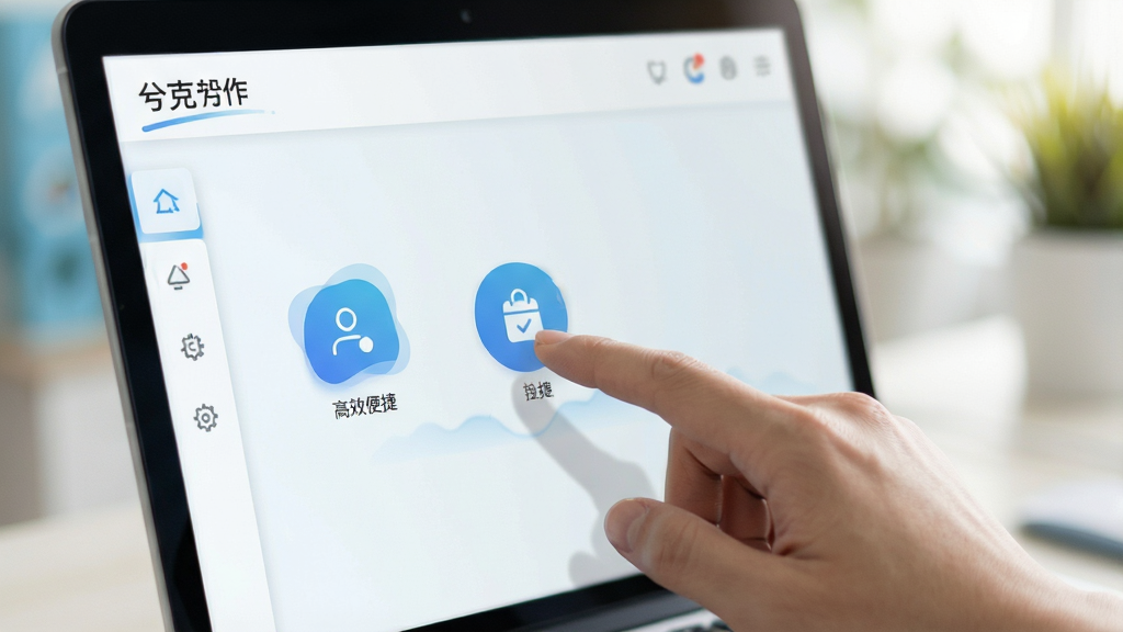 兮克操作界面,手指点击功能图标,界面响应流畅,展示快捷操作场景,背景虚化处理,突出“高效便捷”主题,风格明亮,画质清晰