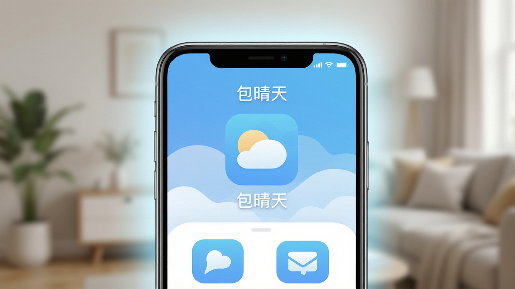 一张智能手机屏幕的特写,屏幕中央显示一个名为“包晴天”的APP界面,界面风格扁平化,主色调为清新的蓝白色,图标设计简洁圆润,屏幕周围有柔和的光晕,背景是模糊的室内环境,整体给人干净、舒适、专业的感觉,画质高清,无多余元素。