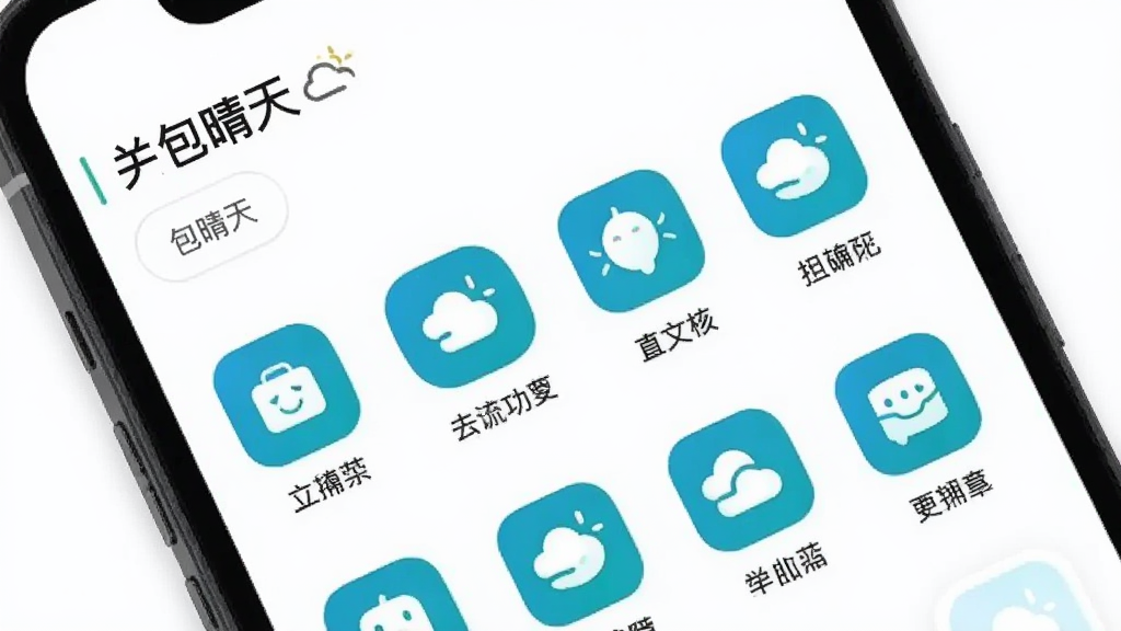 一个手机应用功能列表页面的平铺展示,应用名为“包晴天”,界面上用清晰的图标和文字标签列出了几个主要功能模块,背景为纯白色,图标颜色以蓝绿为主,排版整齐有序,风格简洁现代,画质干净,无多余元素。