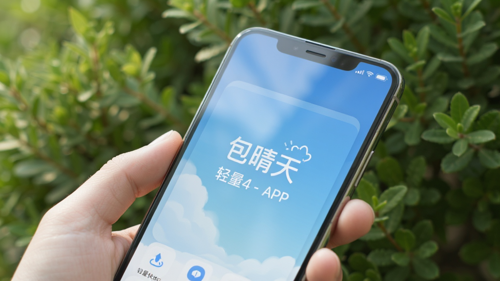 一部手机握在手中,屏幕显示“包晴天”APP正在运行,画面流畅无卡顿,屏幕反射出柔和的光线,背景是模糊的户外绿植,整体风格自然清新,强调软件的轻量快速,画质高清,无多余元素。