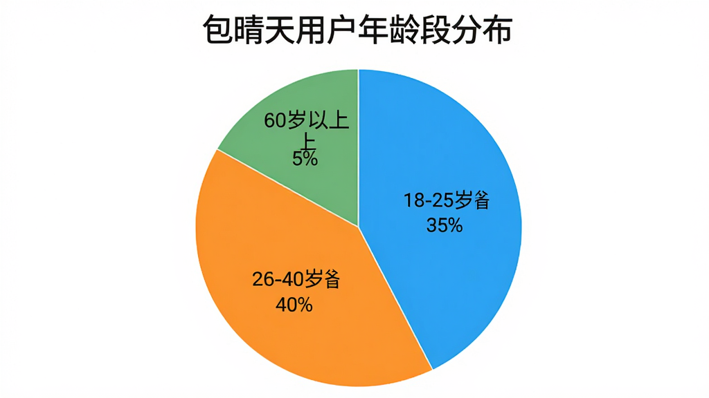一个简单的饼状图,标题为“包晴天用户年龄段分布”,饼图分为四块,分别显示18-25岁占35%,26-40岁占40%,41-60岁占20%,60岁以上占5%,配色清晰明亮,图表背景为白色,整体简洁直观,画质干净,无多余元素。