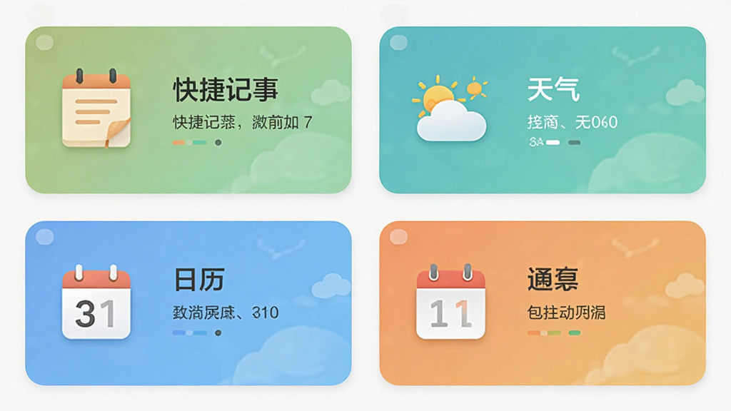 一个名为“包晴天”的手机软件功能展示图,界面被清晰地划分为几个方块区域,分别代表“快捷记事”、“天气”、“日历”等功能,界面设计采用卡片式布局,色彩搭配舒适,每个卡片上的图标都清晰可辨,整体风格统一,画质干净,无多余元素。