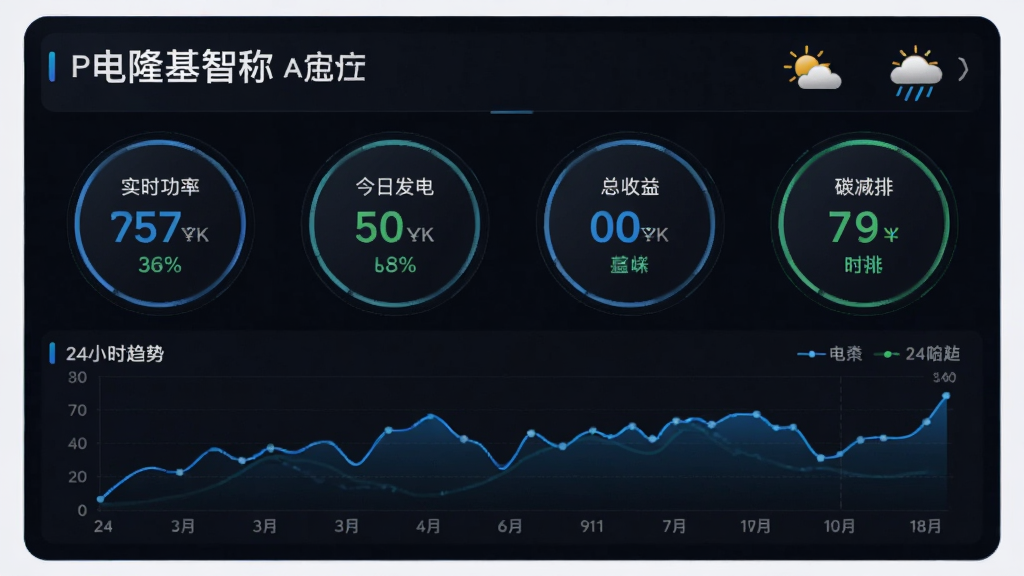 隆基智储app的智能监控大屏界面,顶部是电站名称和天气图标,中间是四个圆形数据卡片分别显示实时功率、今日发电、总收益、碳减排,下面是一个24小时发电趋势折线图,蓝色线条,整体界面深色背景,数据高亮显示,风格简洁科技感,画质干净,无多余元素。