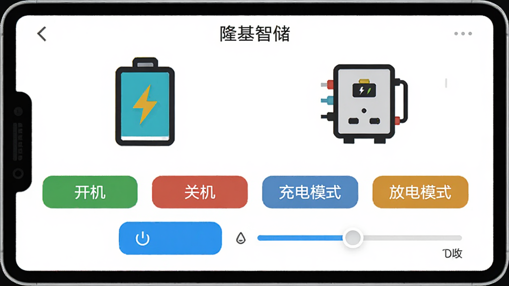 隆基智储app的设备控制界面,显示一个储能电池图标和逆变器图标,下方有“开机”、“关机”、“充电模式”、“放电模式”四个按钮,其中一个按钮高亮,旁边有滑块调节充放电功率,界面为白色背景,图标彩色,风格扁平化,画质干净。
