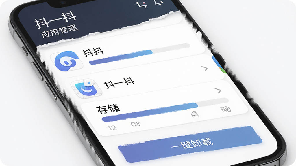 չʾ����һ������Ӧ�ù������ܣ��������ֻ�APP���棬���ֶ����ǡ�Ӧ�ù��������⣬�м���Ӧ���б��ʹ洢ռ�������ײ��ǡ�һ��ж�ء���ť�����������ϸ����Ӧ��ͼ��ͽ����������ʸɾ��޶���Ԫ�أ����ְ�������һ�����͡�Ӧ�ù�������