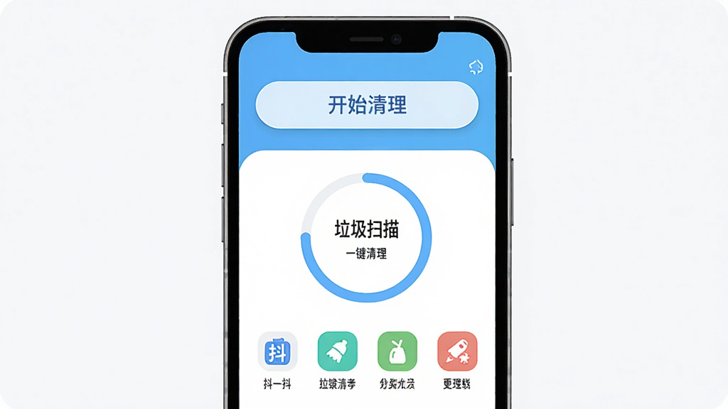 ͼƬ����չʾ����һ�����ֻ�APP�������棬�������ֻ�ģ������ʾ���������Ǳ��̣������Ϸ��ǡ���ʼ��������ť���м�������ɨ��Ļ��ν��ȣ��·��Ƿ�������ѡ��ͼ�꣬�Ű�ɾ�����������ִ���ƽ��ϸ��Բ�󣬻��ʸɾ��޶���Ԫ�أ����ֱ�ǩΪ����һ�����͡�һ����������