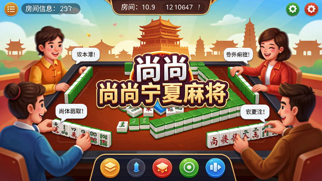 主体:尚尚宁夏麻将游戏大厅界面,展示宁夏特色麻将牌桌,背景有银川鼓楼等本地建筑剪影,界面中央有“尚尚宁夏麻将”字样logo,四个牌友正在在线对战,布局:中心为牌桌特写,周围分布功能按钮,排版:上方显示房间信息,下方是操作区,风格:色彩鲜艳明亮,充满欢乐氛围,细节:麻将牌面清晰,有宁夏方言气泡,画质:高清,干净,无多余元素