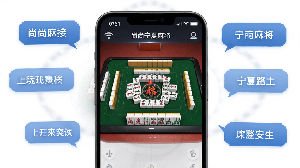 主体:手机屏幕显示尚尚宁夏麻将运行界面,旁边有WiFi和电池图标,布局:手机居中,周围有操作提示气泡,排版:简洁明了,风格:科技感,细节:屏幕内牌桌清晰,画质:高清,干净,无多余元素