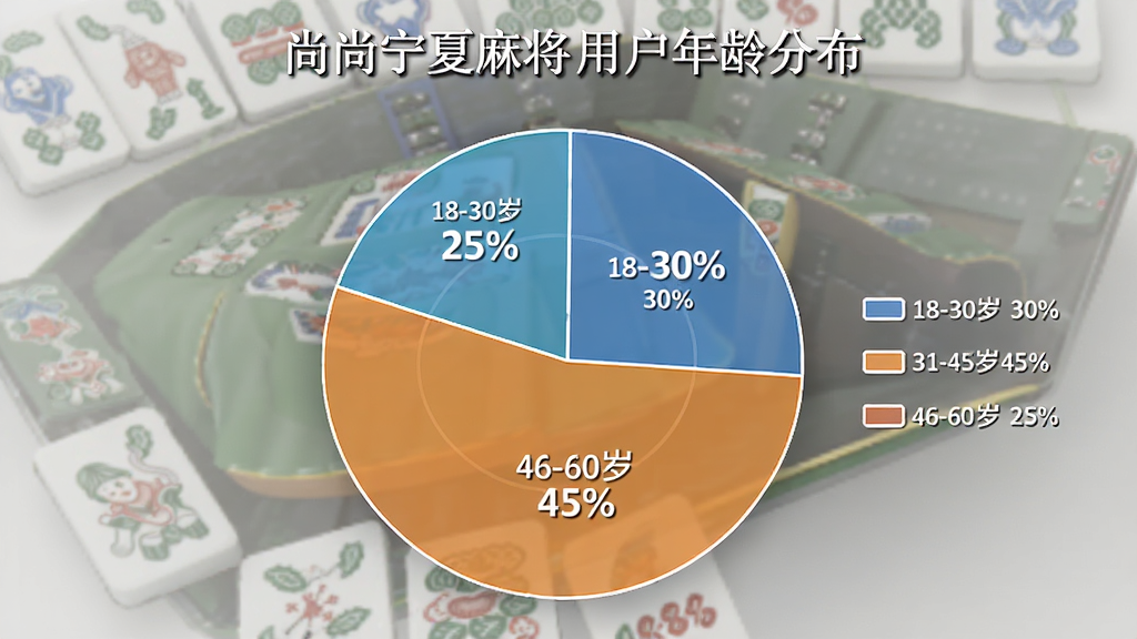 主体:饼状图展示尚尚宁夏麻将用户年龄分布,18-30岁占30%,31-45岁占45%,46-60岁占25%,布局:圆形饼图,配图例,排版:清晰,风格:简约商务,细节:百分比数字明显,画质:干净,无多余元素