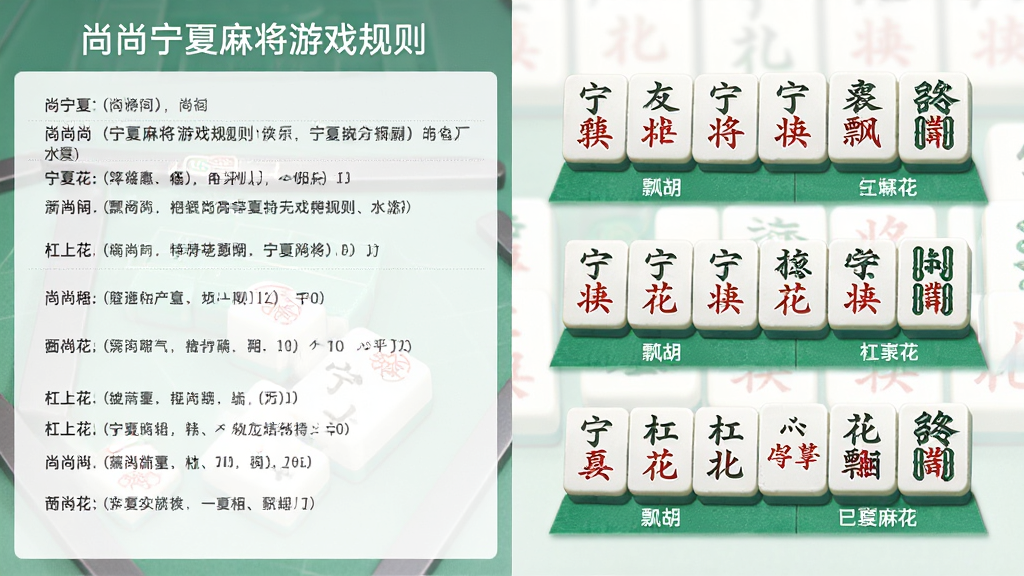 主体:尚尚宁夏麻将游戏规则界面,展示宁夏麻将特有的牌型组合,如“飘胡”、“杠上花”等,布局:左侧是规则文字说明,右侧是牌型示例图,排版:清晰分栏,风格:简洁直观,细节:每张牌面都有宁夏方言标注,画质:干净,无多余元素
