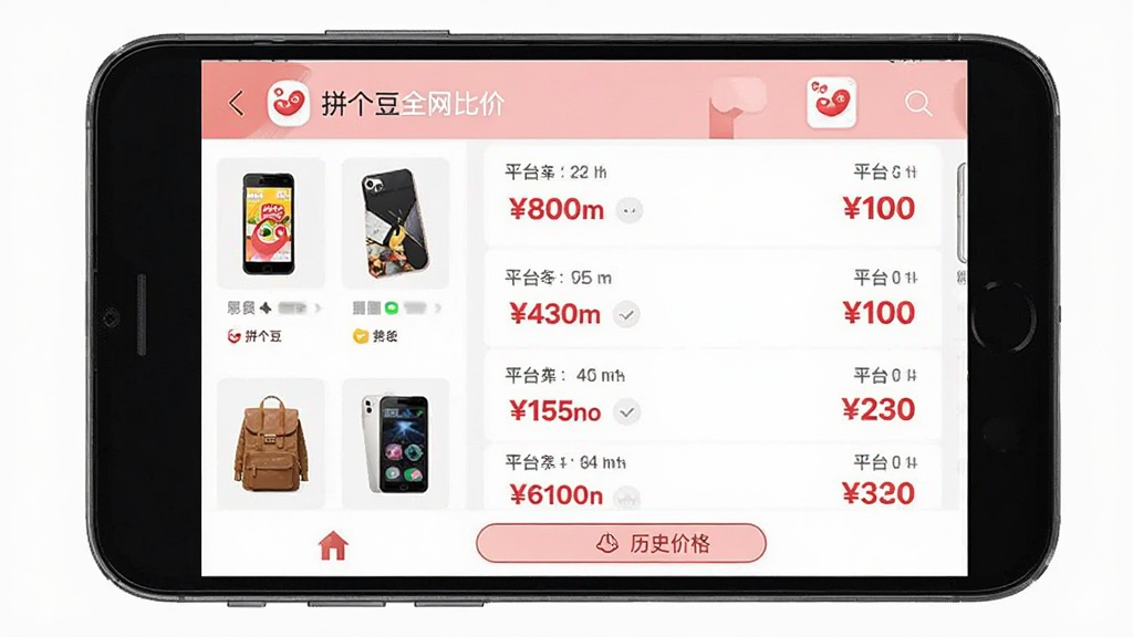 主体:手机界面显示“拼个豆”的比价结果页面,左侧是商品缩略图,右侧是各个平台价格对比列表,布局:列表式排版,清晰明了,排版:价格用红色加粗标注,风格:扁平化UI设计,细节:页面顶部有“拼个豆全网比价”字样,底部有“历史价格”按钮,画质:干净整洁,无多余元素。