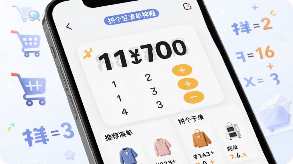 主体:手机屏幕展示“拼个豆”的凑单计算器界面,背景是购物车图标和数字公式,布局:中央是大数字计算器,下方是推荐凑单商品列表,排版:数字大而清晰,风格:简洁科技感,细节:顶部有“拼个豆凑单神器”标签,画质:高清水润,无多余元素。
