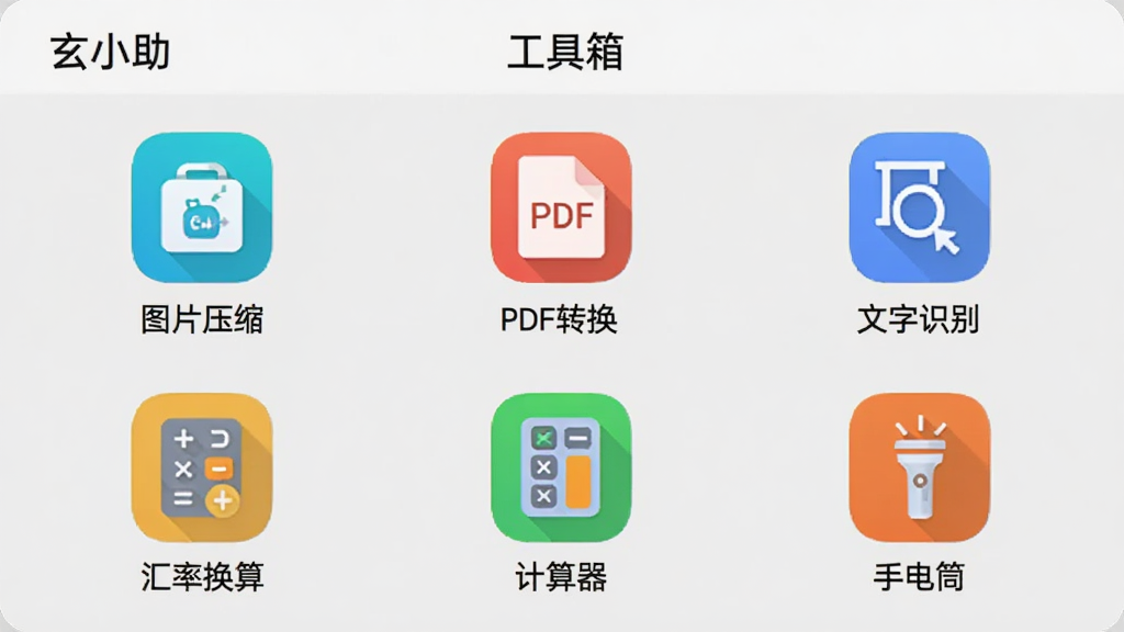展示“玄小助”应用内的“工具箱”页面,屏幕上以九宫格形式排列着各种功能图标,包括“图片压缩”、“PDF转换”、“文字识别”、“汇率换算”、“计算器”、“手电筒”等,每个图标下方有中文名称,背景为浅灰色,图标彩色,整体排版整齐,画质干净。