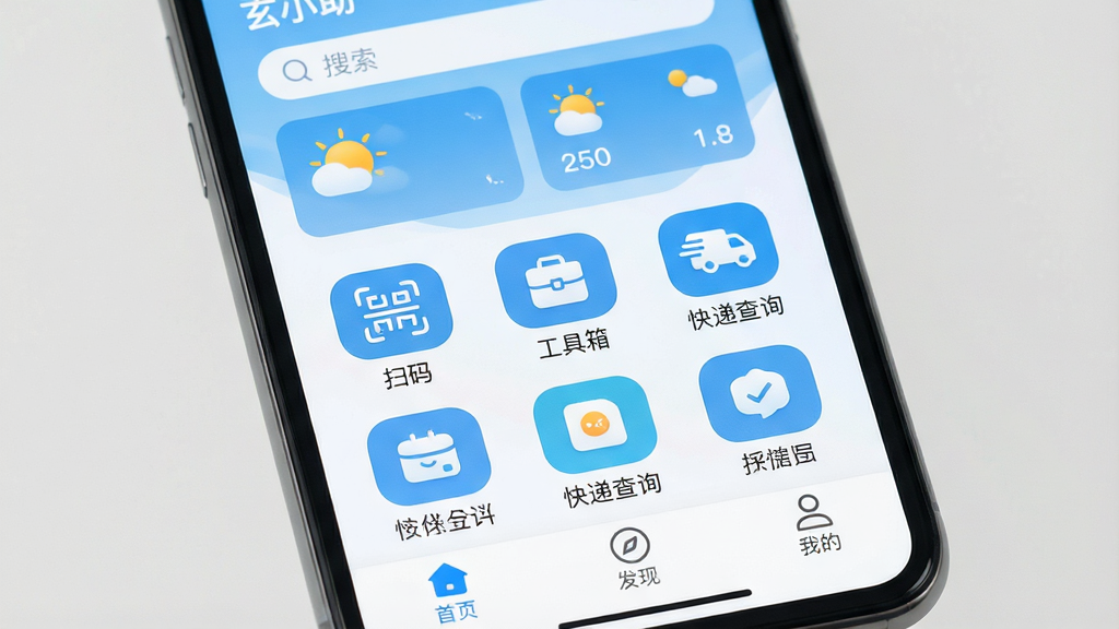 一张手机屏幕特写,屏幕中清晰显示“玄小助”应用的主界面,界面布局简洁,顶部是搜索栏和天气卡片,中部是功能图标网格,如“扫码”、“工具箱”、“快递查询”等,底部是三个导航标签“首页”、“发现”、“我的”。整体风格现代扁平,以浅蓝和白色为主色调,图标圆润,画质高清,干净无多余元素。