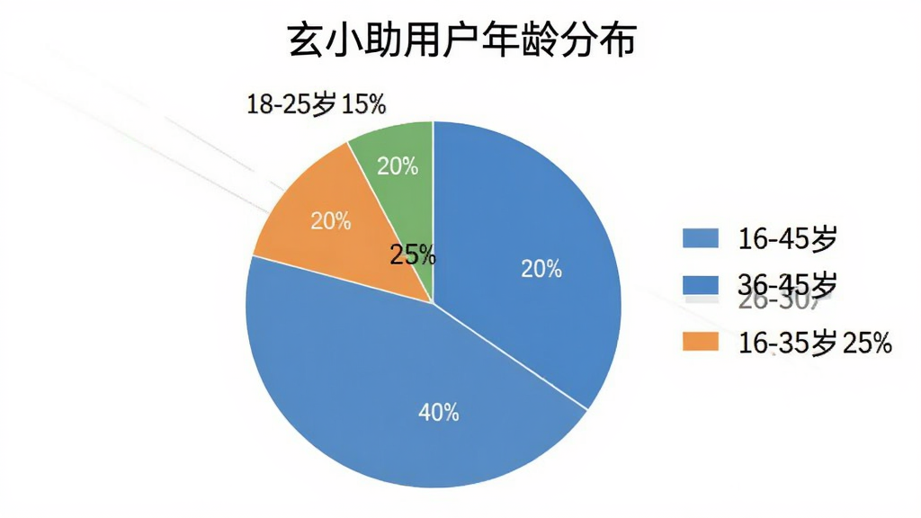 一张饼状图,标题为“玄小助用户年龄分布”,图中显示18-25岁占25%,26-35岁占40%,36-45岁占20%,46-60岁占15%,不同年龄段用不同颜色区分,图例清晰,整体简洁美观。