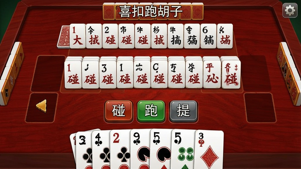 一张游戏内牌桌截图,主体是“喜扣跑胡子”的牌局画面,中央是摆放整齐的跑胡子牌,玩家手牌在下方清晰可见,出牌区域有“碰”“跑”“提”等操作按钮,界面设计简洁,红木色牌桌背景,牌面字体清晰,画质干净,风格写实,无多余元素。