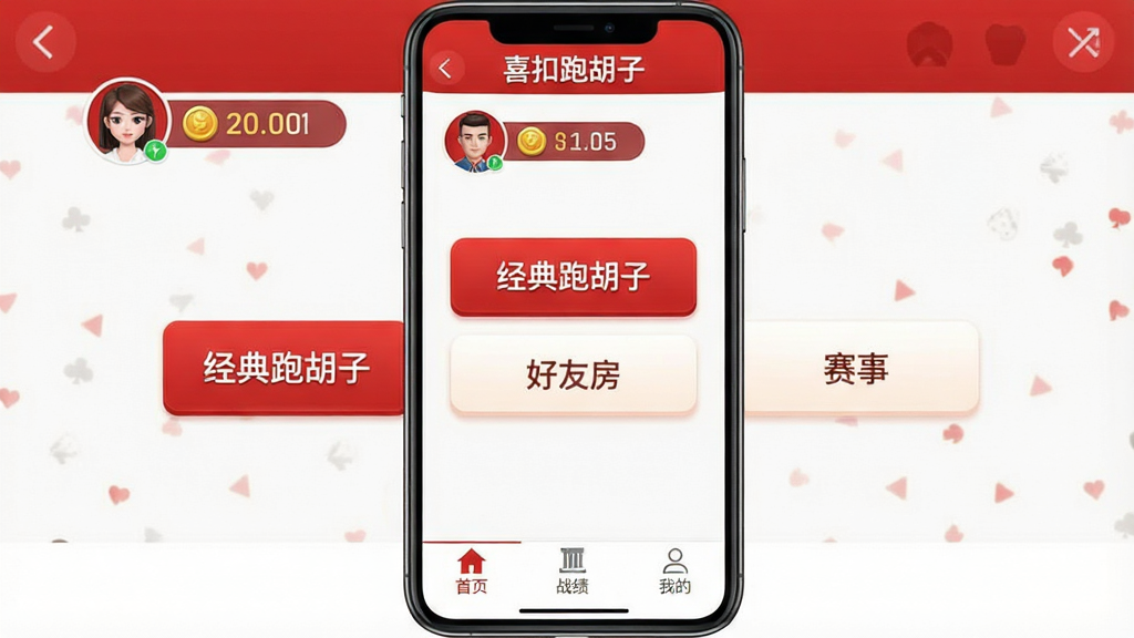 一张手机截图风格图片,主体是“喜扣跑胡子”游戏大厅界面,布局清晰,上方显示玩家头像和金币,中间是“经典跑胡子”、“好友房”、“赛事”三个主要按钮,底部有“首页”、“战绩”、“我的”选项卡,整体风格简约明亮,以红白配色为主,画质干净无多余元素。