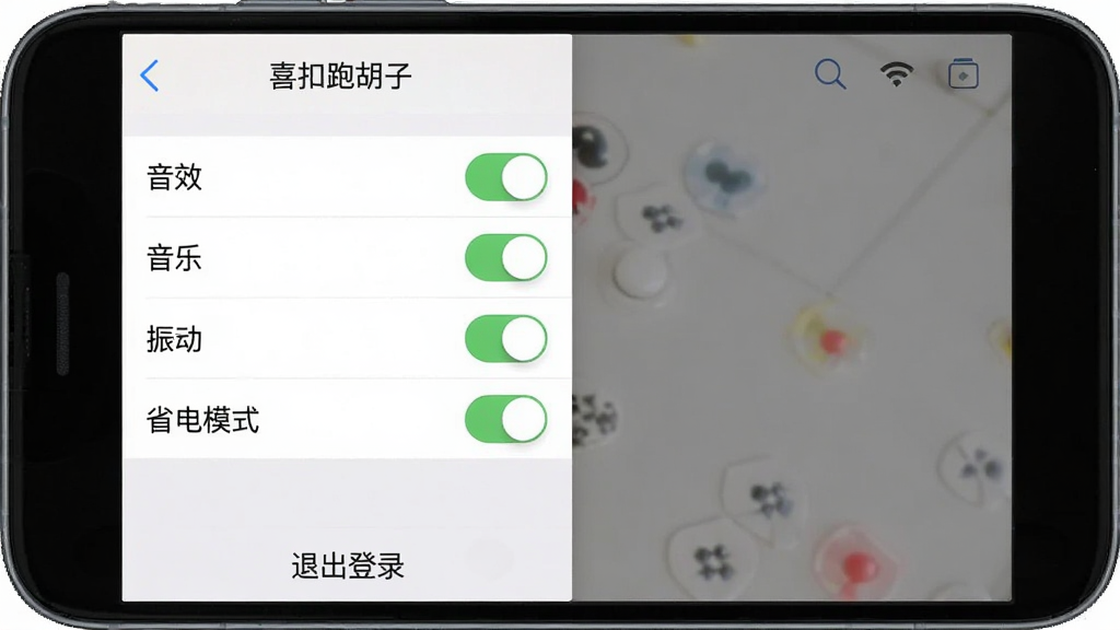 一张手机截图,主体是“喜扣跑胡子”的设置界面,包含“音效”、“音乐”、“振动”、“省电模式”等开关选项,底部有“退出登录”按钮,背景为浅色,布局清晰,风格简洁,画质干净。