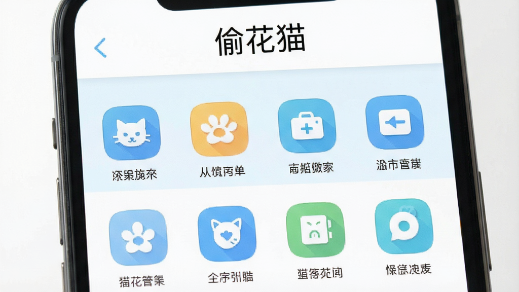 一张手机应用功能列表界面的截图,顶部显示“偷花猫”三个字,下方是排列整齐的功能图标,整体界面以白色和淡蓝色为主色调,风格简洁明了,排版清晰,画质干净无多余元素。