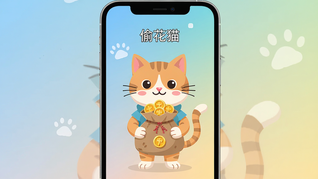 一张风格简约现代的手机应用界面展示图,主题为“偷花猫”,画面中央是一个拟人化的卡通猫咪形象,手持一个装满金币的包裹,背景是干净的渐变色,整体布局清晰,排版直观,扁平化设计风格,细节精致,画质干净无多余元素。