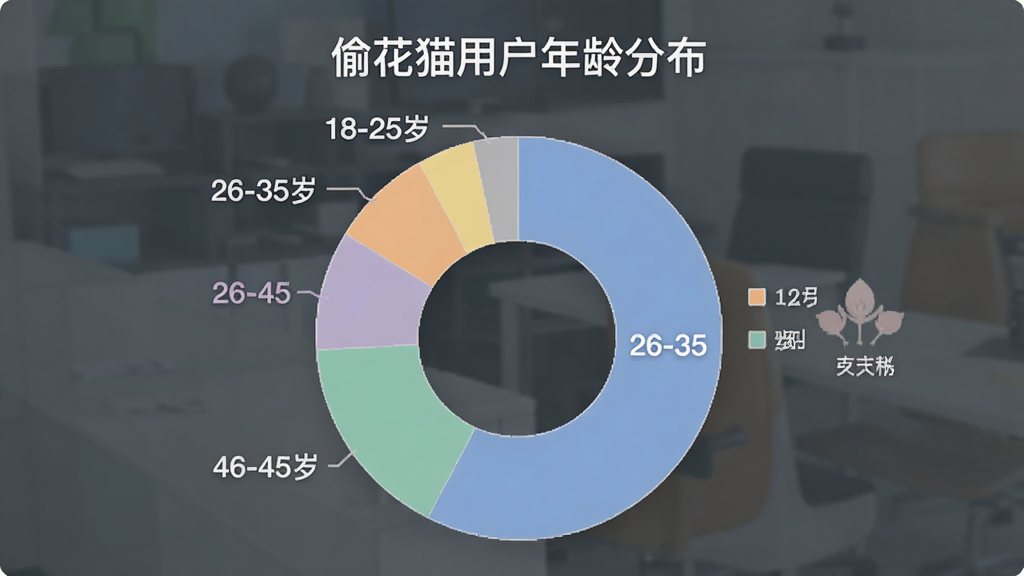 一张用户满意度调查数据图表,标题为“偷花猫用户年龄分布”,图表采用环形饼状图样式,不同色块分别代表18-25岁、26-35岁、36-45岁、46-60岁四个年龄段,其中26-35岁用户占比最大,整体风格简洁商务,配色柔和,排版清晰,画质干净无多余元素。