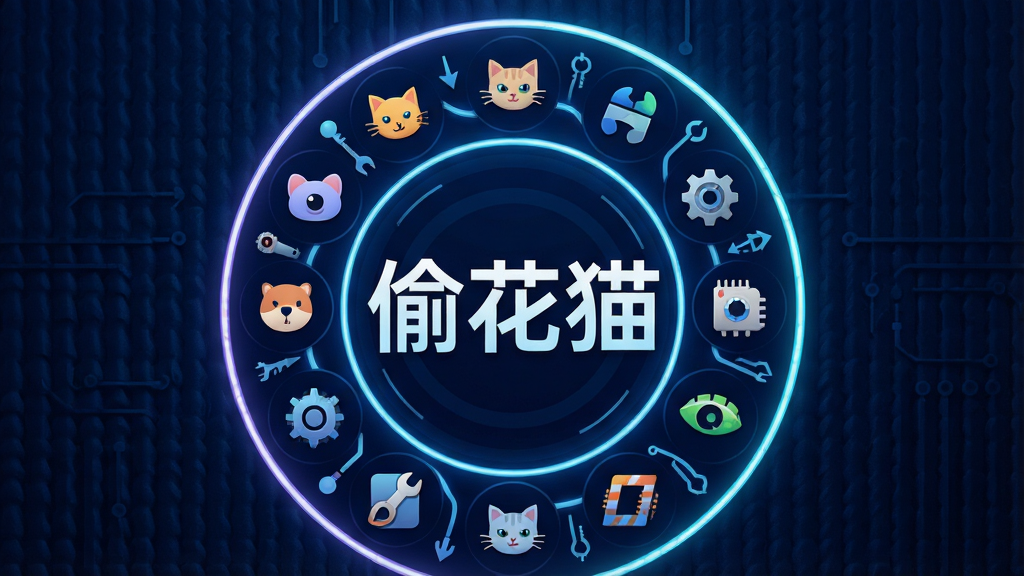 一张展示多功能聚合应用的宣传海报,背景是深蓝色科技感纹理,中央用亮色线条勾勒出一个由多个小工具图标组成的圆形徽章,徽章中间写着“偷花猫”,整体风格现代,布局有层次感,画质干净无多余元素。